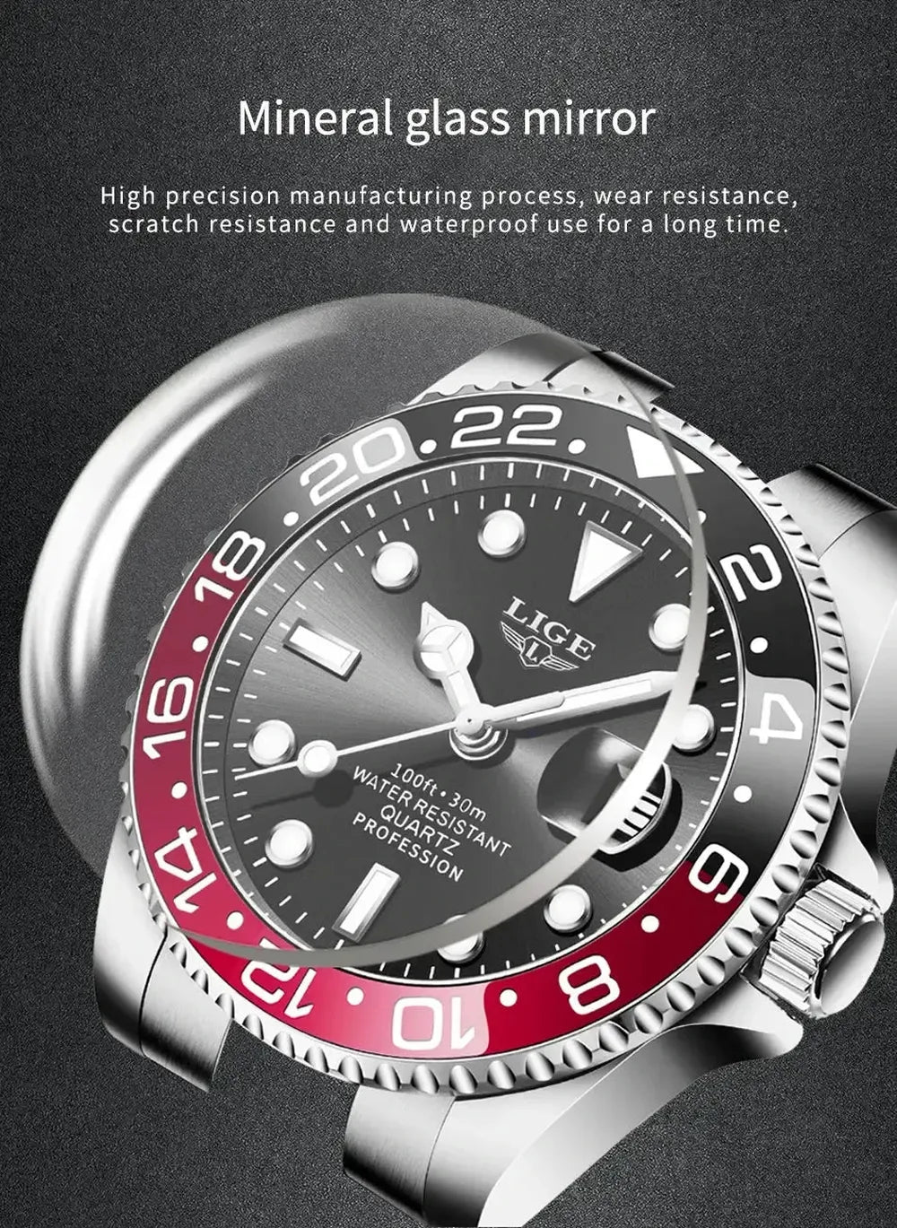 LIGE 43mm Quartz Sport Watch – Dual-Tone Decorative Bezel, Date Display-LIGE-Viva Timepiece