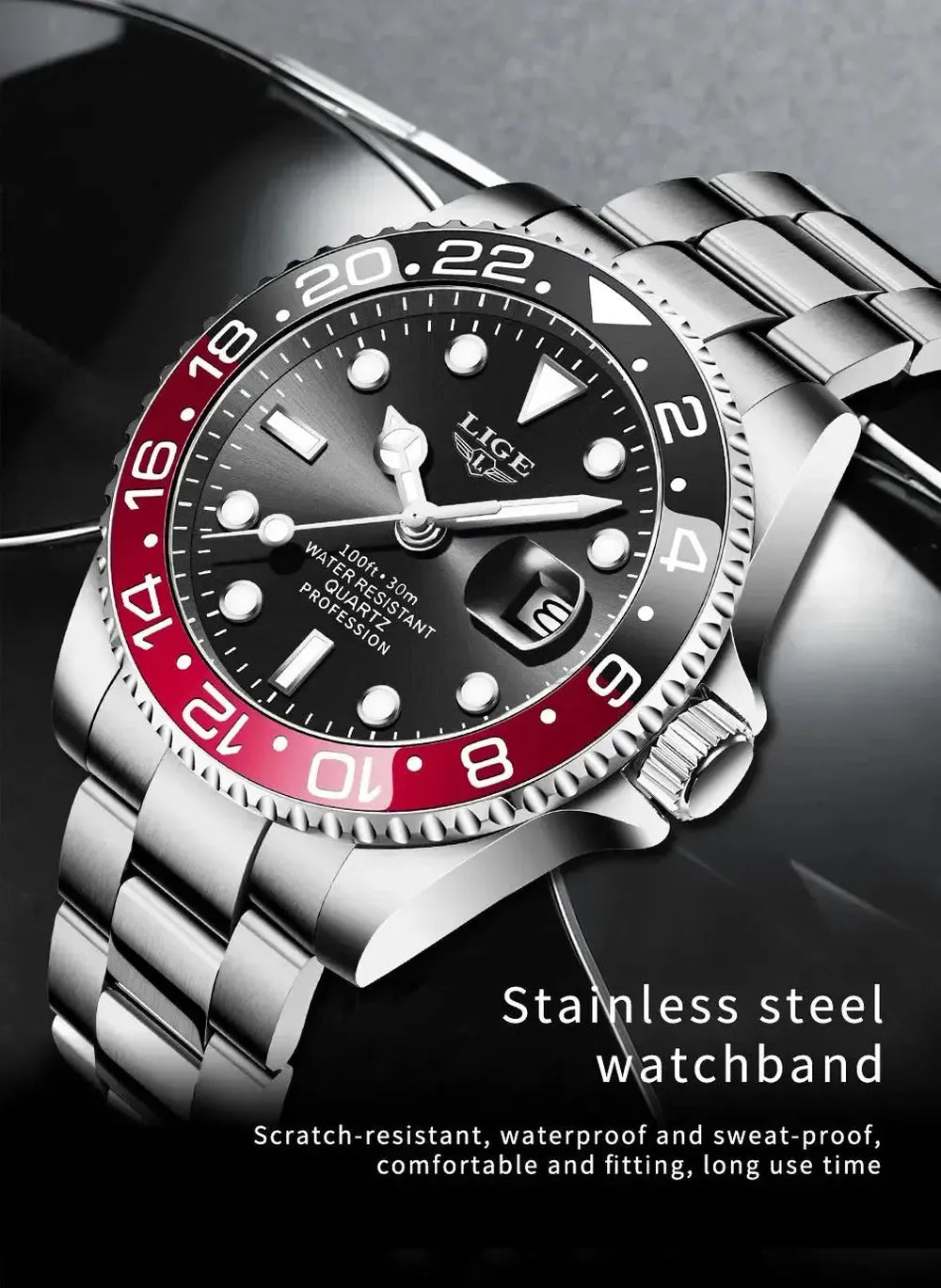 LIGE 43mm Quartz Sport Watch – Dual-Tone Decorative Bezel, Date Display-LIGE-Viva Timepiece