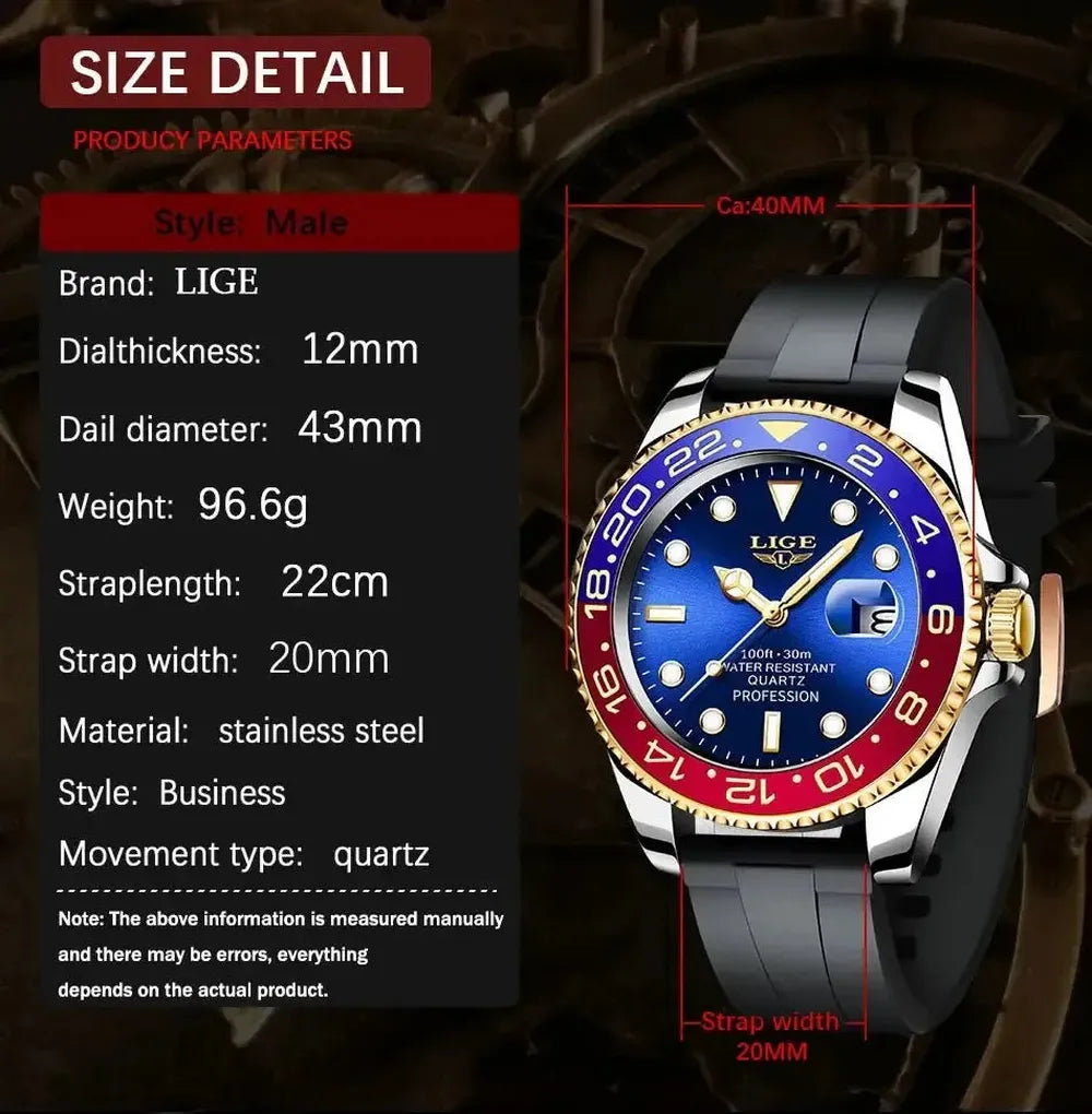 LIGE 43mm Quartz Sport Watch – Dual-Tone Decorative Bezel, Date Display-LIGE-Viva Timepiece