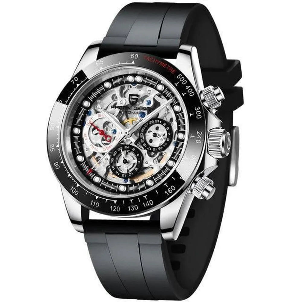 Pagani Design 40mm Automatic Skeleton Stainless Steel Watch – Sapphire Crystal, Rainbow Bezel-Pagani Design-Viva Timepiece