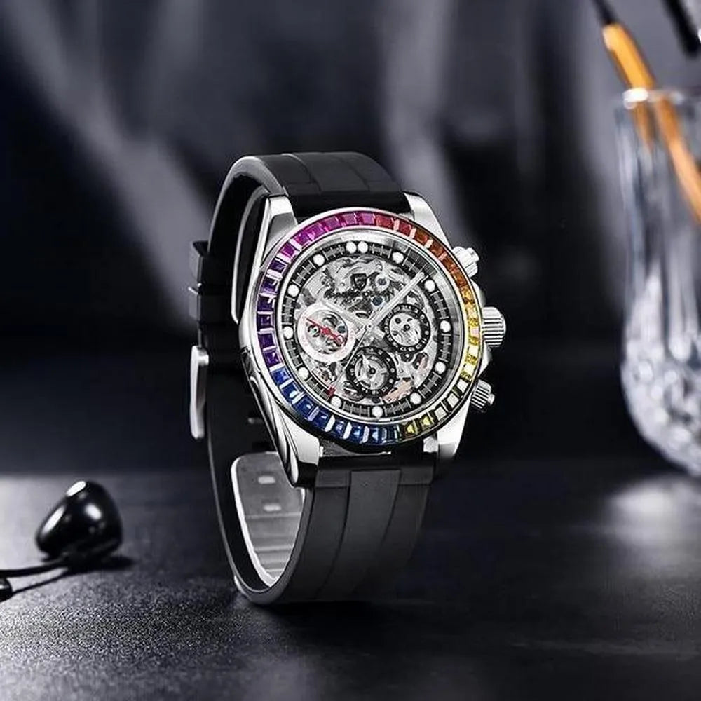 Pagani Design 40mm Automatic Skeleton Stainless Steel Watch – Sapphire Crystal, Rainbow Bezel-Pagani Design-Viva Timepiece