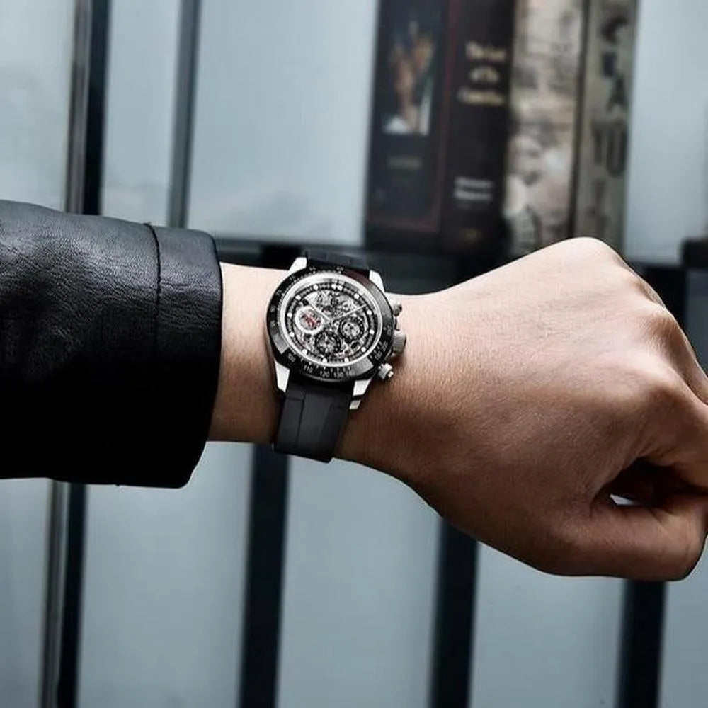 Pagani Design 40mm Automatic Skeleton Stainless Steel Watch – Sapphire Crystal, Rainbow Bezel-Pagani Design-Viva Timepiece