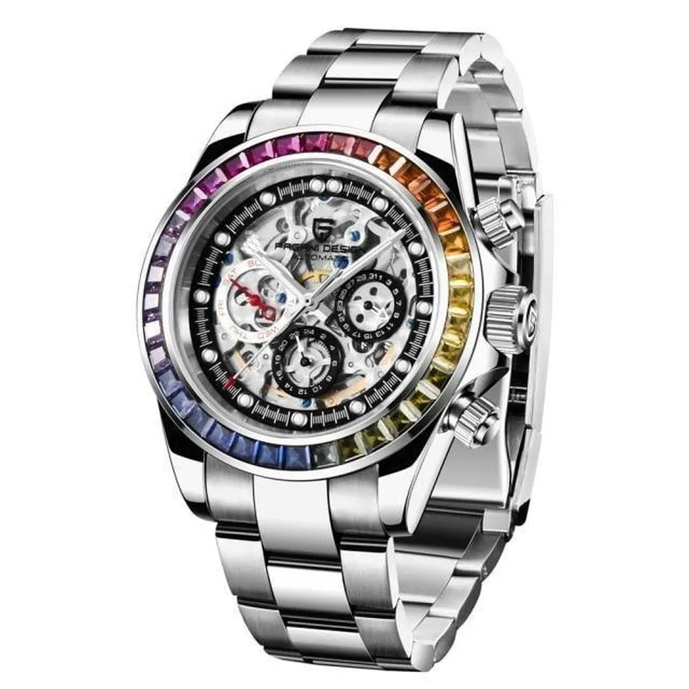 Pagani Design 40mm Automatic Skeleton Stainless Steel Watch – Sapphire Crystal, Rainbow Bezel-Pagani Design-Viva Timepiece