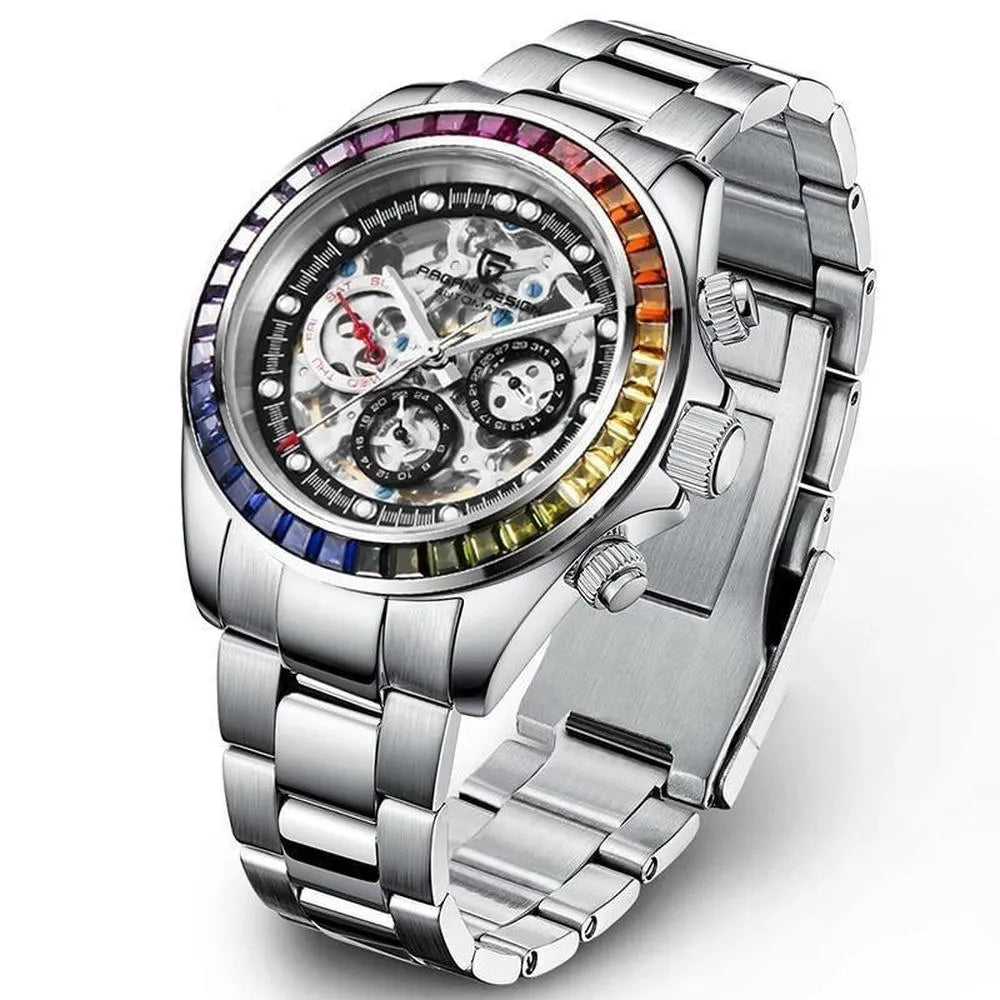 Pagani Design 40mm Automatic Skeleton Stainless Steel Watch – Sapphire Crystal, Rainbow Bezel-Pagani Design-Viva Timepiece