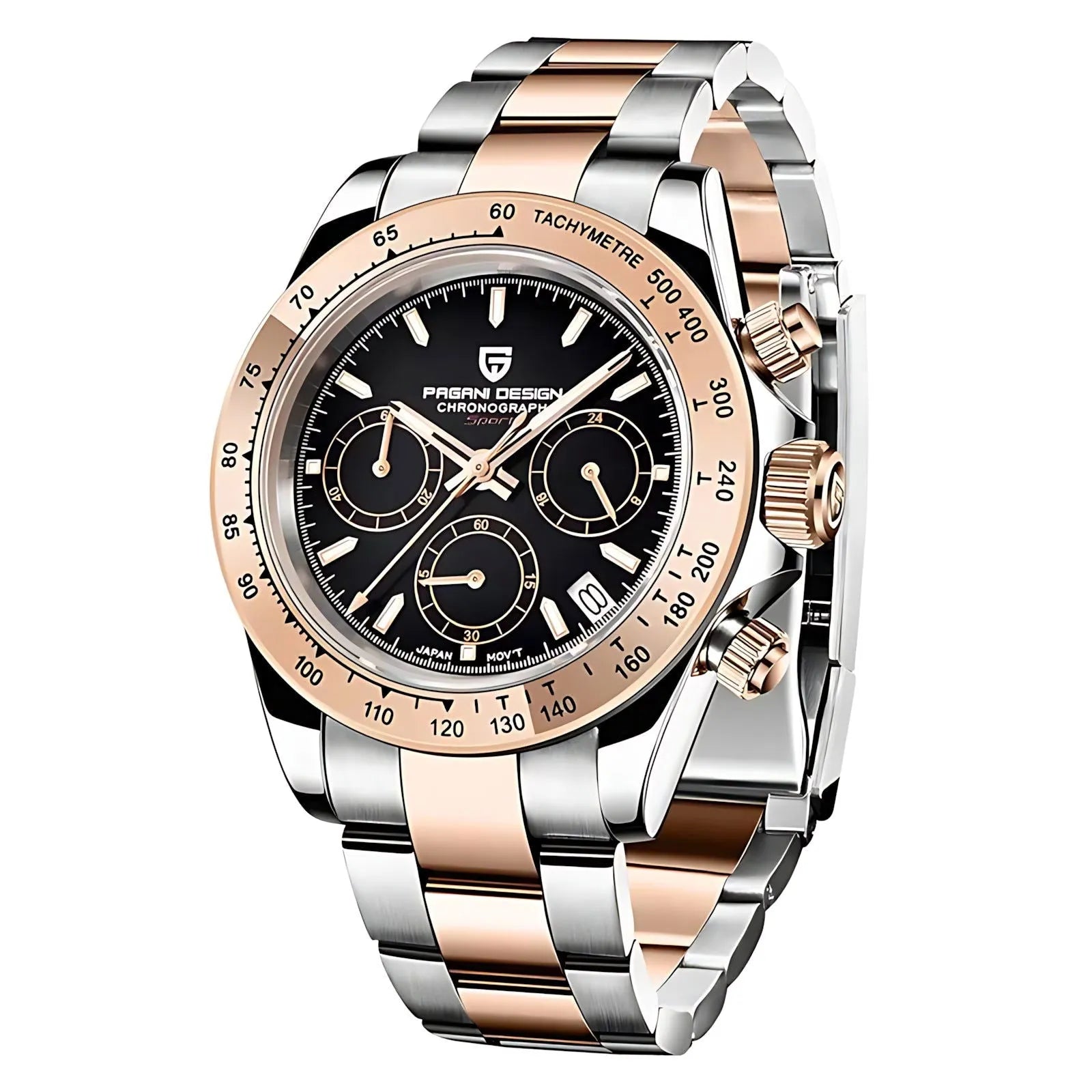 Pagani Design 40mm Rose Gold Chronograph Watch – Sapphire Crystal, Ceramic Bezel, VK63 Movement-Pagani Design-Viva Timepiece