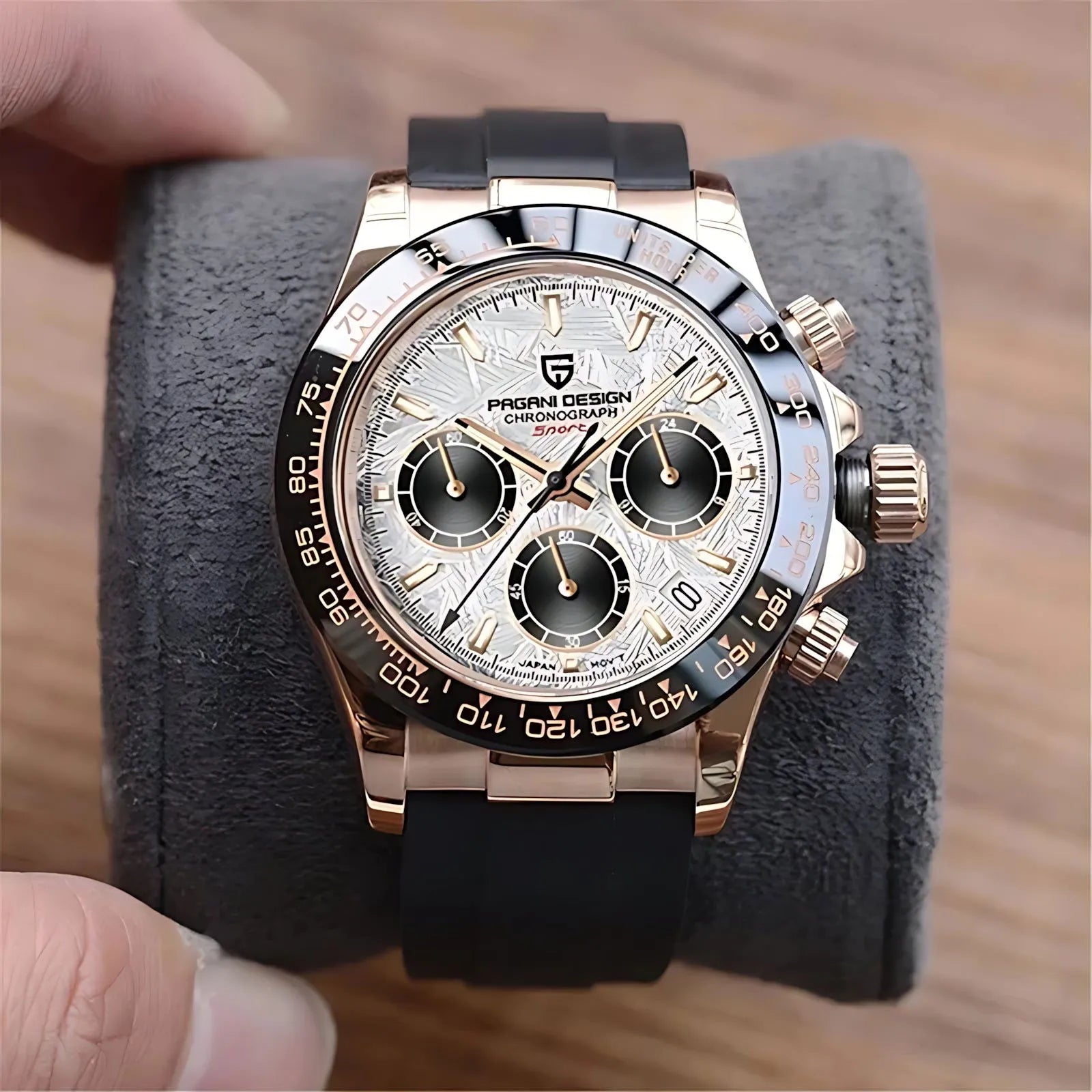 Pagani Design 40mm Rose Gold Chronograph Watch – Sapphire Crystal, Ceramic Bezel, VK63 Movement-Pagani Design-Viva Timepiece