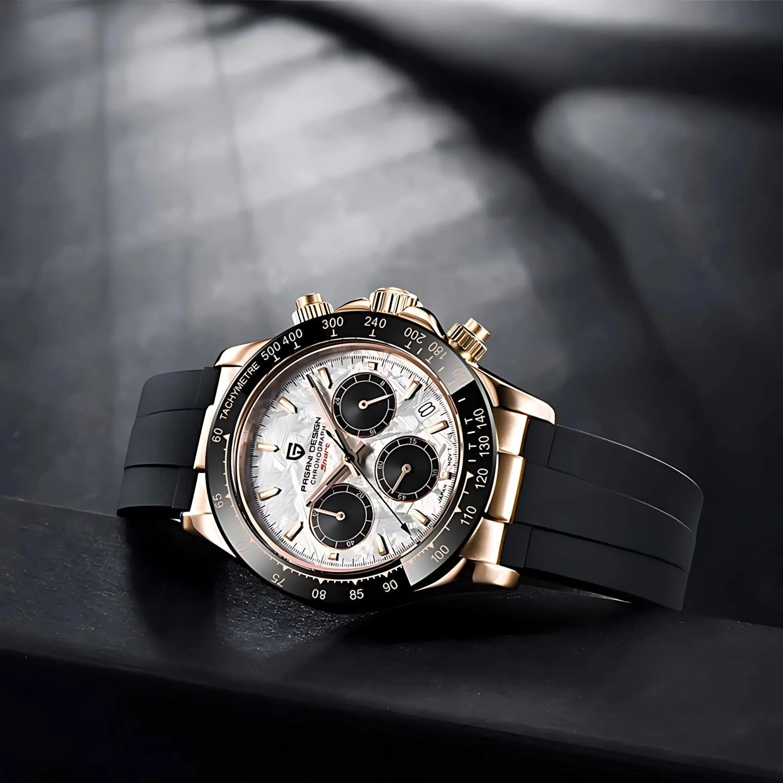 Pagani Design 40mm Rose Gold Chronograph Watch – Sapphire Crystal, Ceramic Bezel, VK63 Movement-Pagani Design-Viva Timepiece