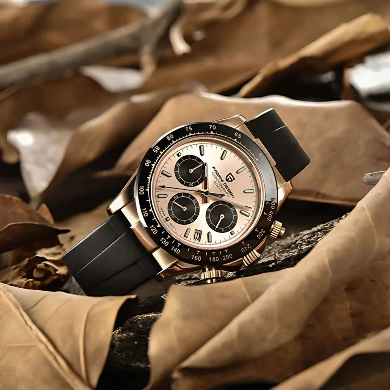 Pagani Design 40mm Rose Gold Chronograph Watch – Sapphire Crystal, Ceramic Bezel, VK63 Movement-Pagani Design-Viva Timepiece