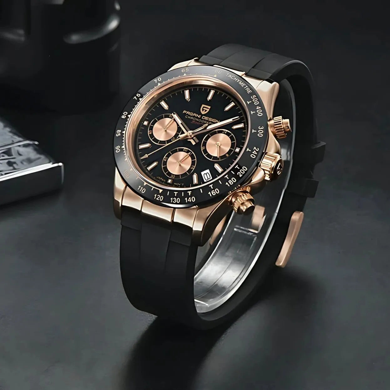 Pagani Design 40mm Rose Gold Chronograph Watch – Sapphire Crystal, Ceramic Bezel, VK63 Movement-Pagani Design-Viva Timepiece