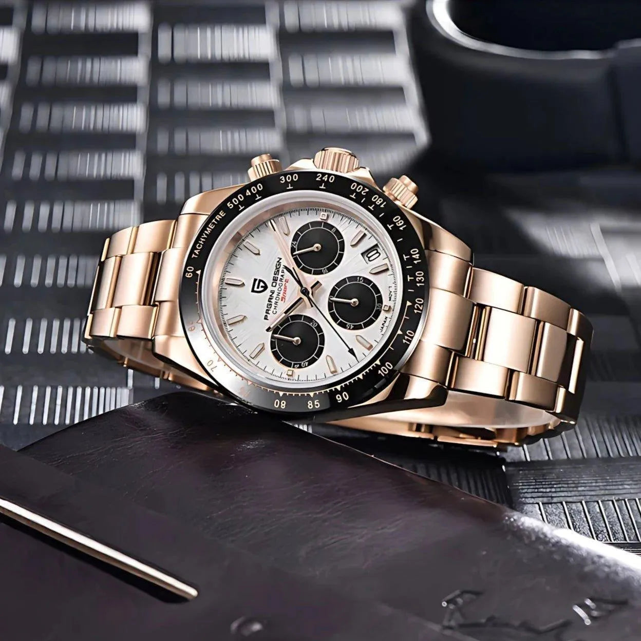 Pagani Design 40mm Rose Gold Chronograph Watch – Sapphire Crystal, Ceramic Bezel, VK63 Movement-Pagani Design-Viva Timepiece