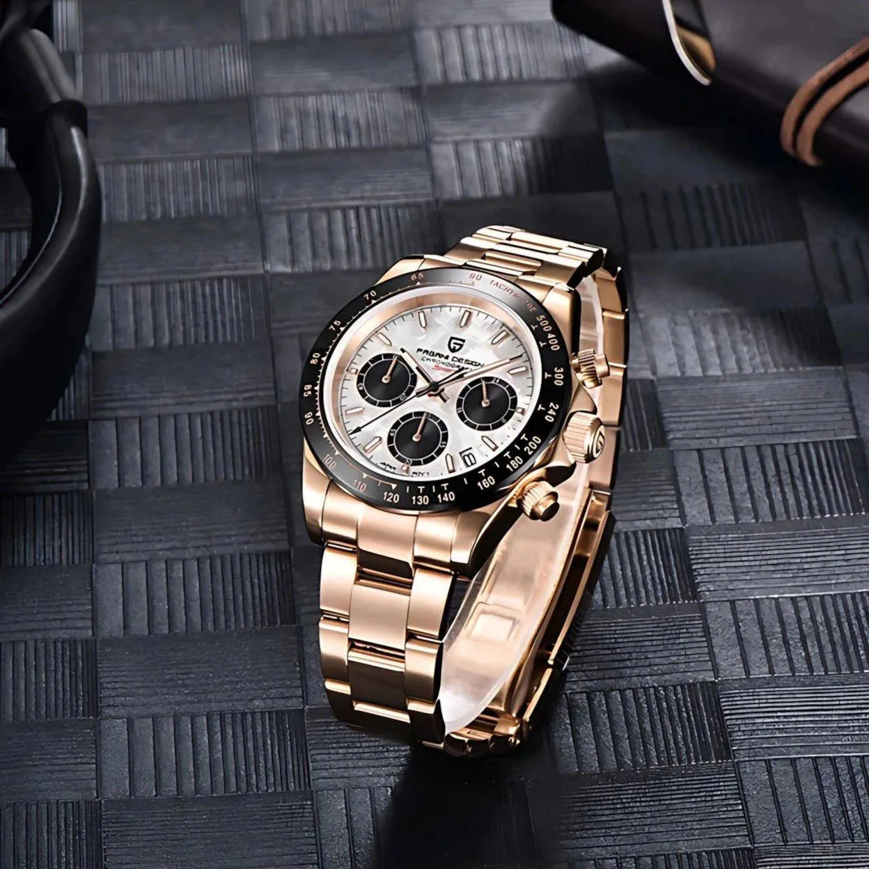 Pagani Design 40mm Rose Gold Chronograph Watch – Sapphire Crystal, Ceramic Bezel, VK63 Movement-Pagani Design-Viva Timepiece