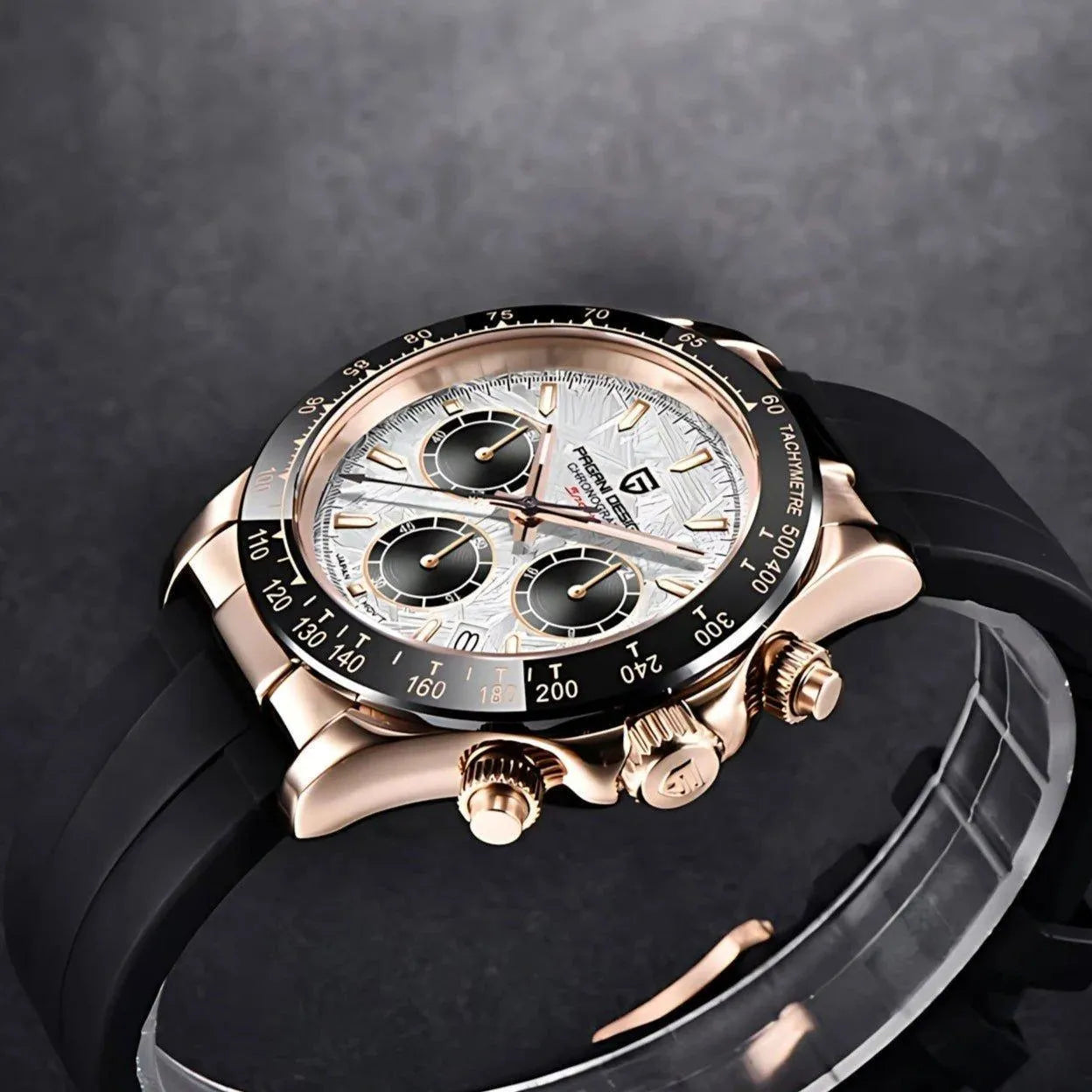 Pagani Design 40mm Rose Gold Chronograph Watch – Sapphire Crystal, Ceramic Bezel, VK63 Movement-Pagani Design-Viva Timepiece