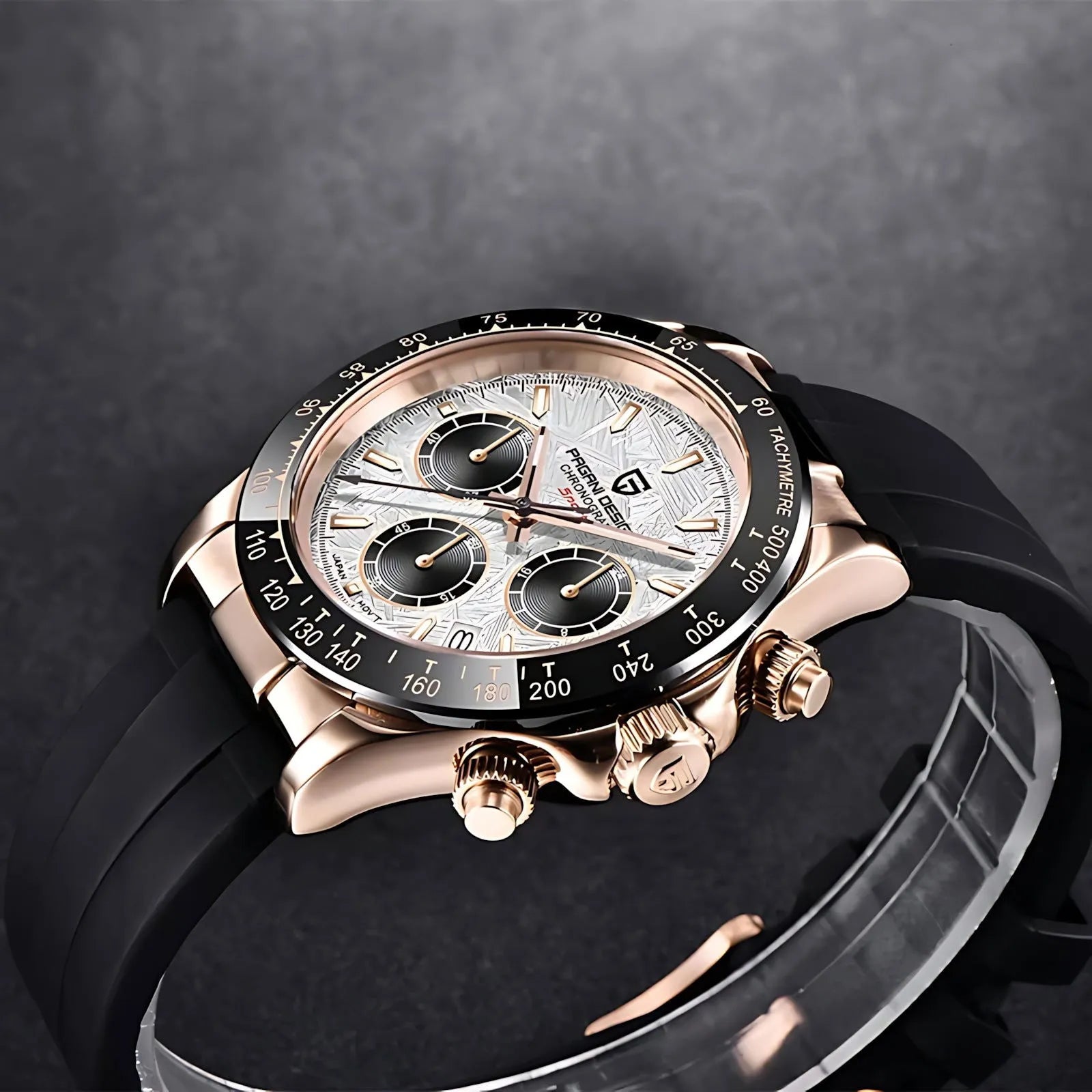 Pagani Design 40mm Rose Gold Chronograph Watch – Sapphire Crystal, Ceramic Bezel, VK63 Movement-Pagani Design-Viva Timepiece
