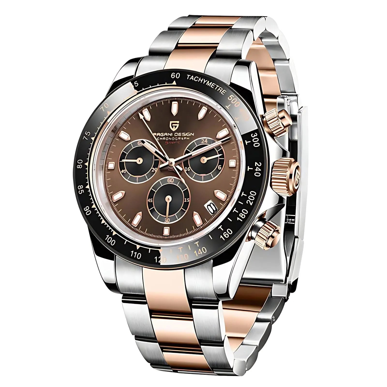 Pagani Design 40mm Rose Gold Chronograph Watch – Sapphire Crystal, Ceramic Bezel, VK63 Movement-Pagani Design-Viva Timepiece