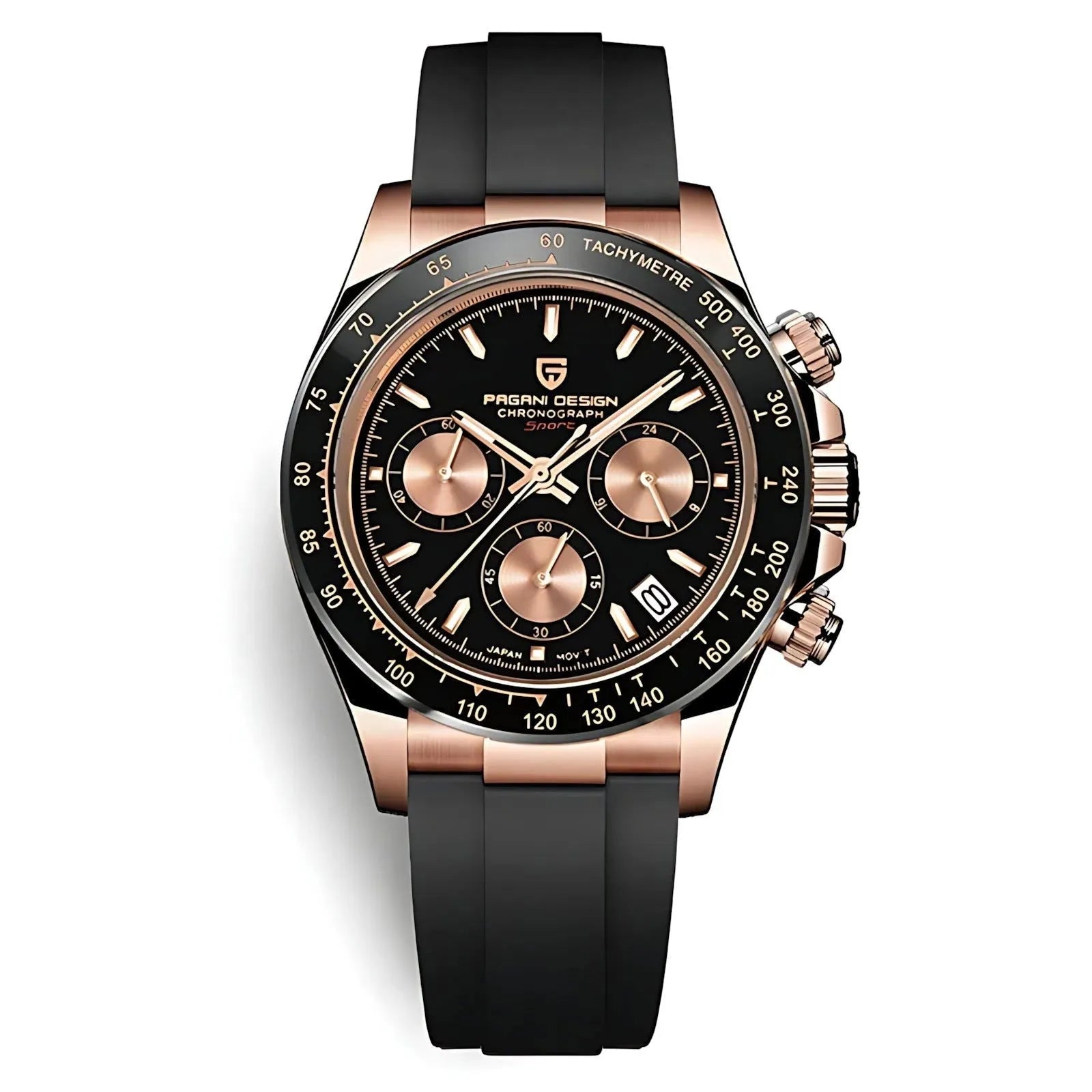 Pagani Design 40mm Rose Gold Chronograph Watch – Sapphire Crystal, Ceramic Bezel, VK63 Movement-Pagani Design-Viva Timepiece
