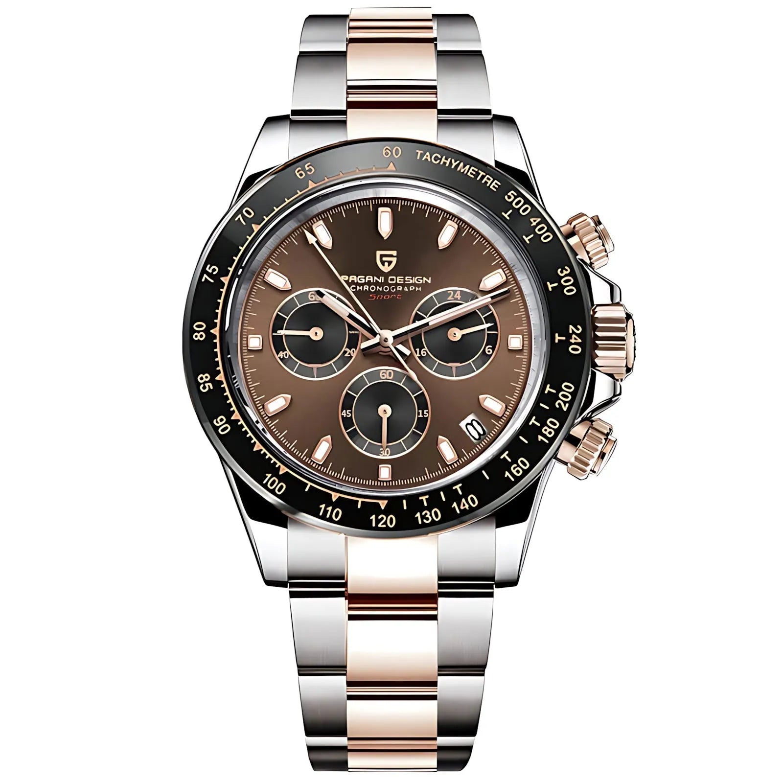 Pagani Design 40mm Rose Gold Chronograph Watch – Sapphire Crystal, Ceramic Bezel, VK63 Movement-Pagani Design-Viva Timepiece