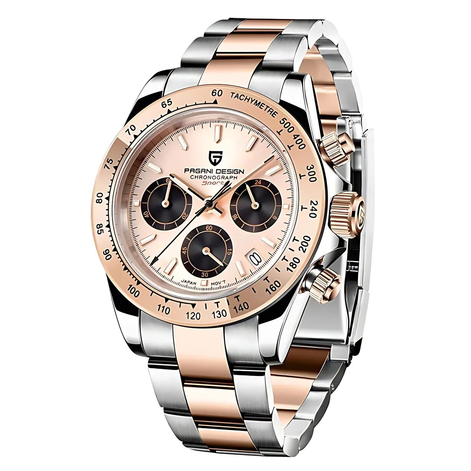 Pagani Design 40mm Rose Gold Chronograph Watch – Sapphire Crystal, Ceramic Bezel, VK63 Movement-Pagani Design-Viva Timepiece