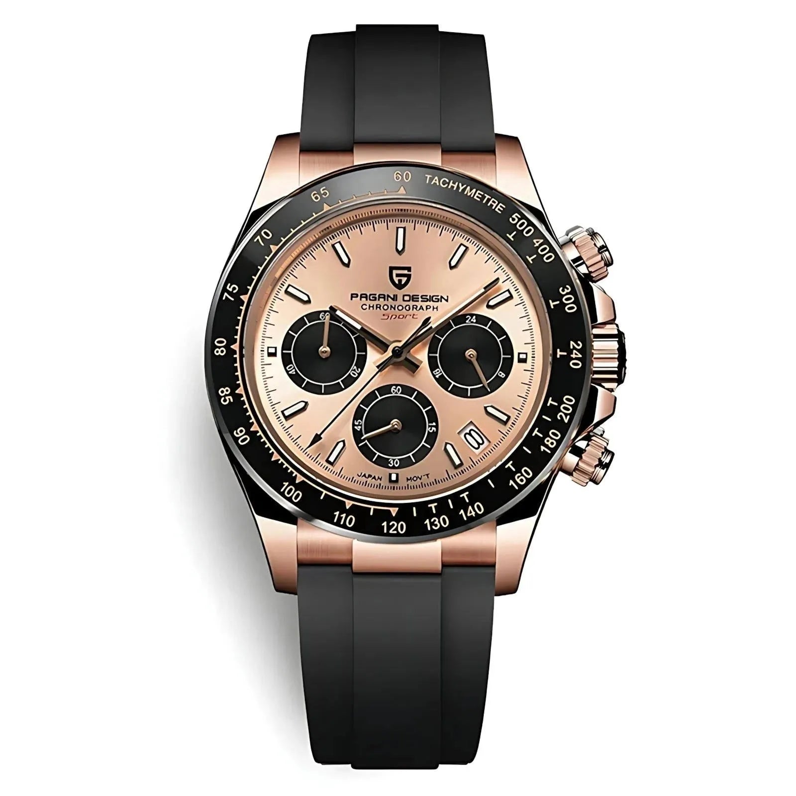 Pagani Design 40mm Rose Gold Chronograph Watch – Sapphire Crystal, Ceramic Bezel, VK63 Movement-Pagani Design-Viva Timepiece