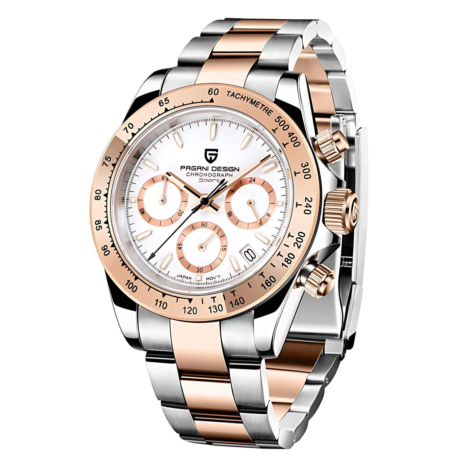 Pagani Design 40mm Rose Gold Chronograph Watch – Sapphire Crystal, Ceramic Bezel, VK63 Movement-Pagani Design-Viva Timepiece