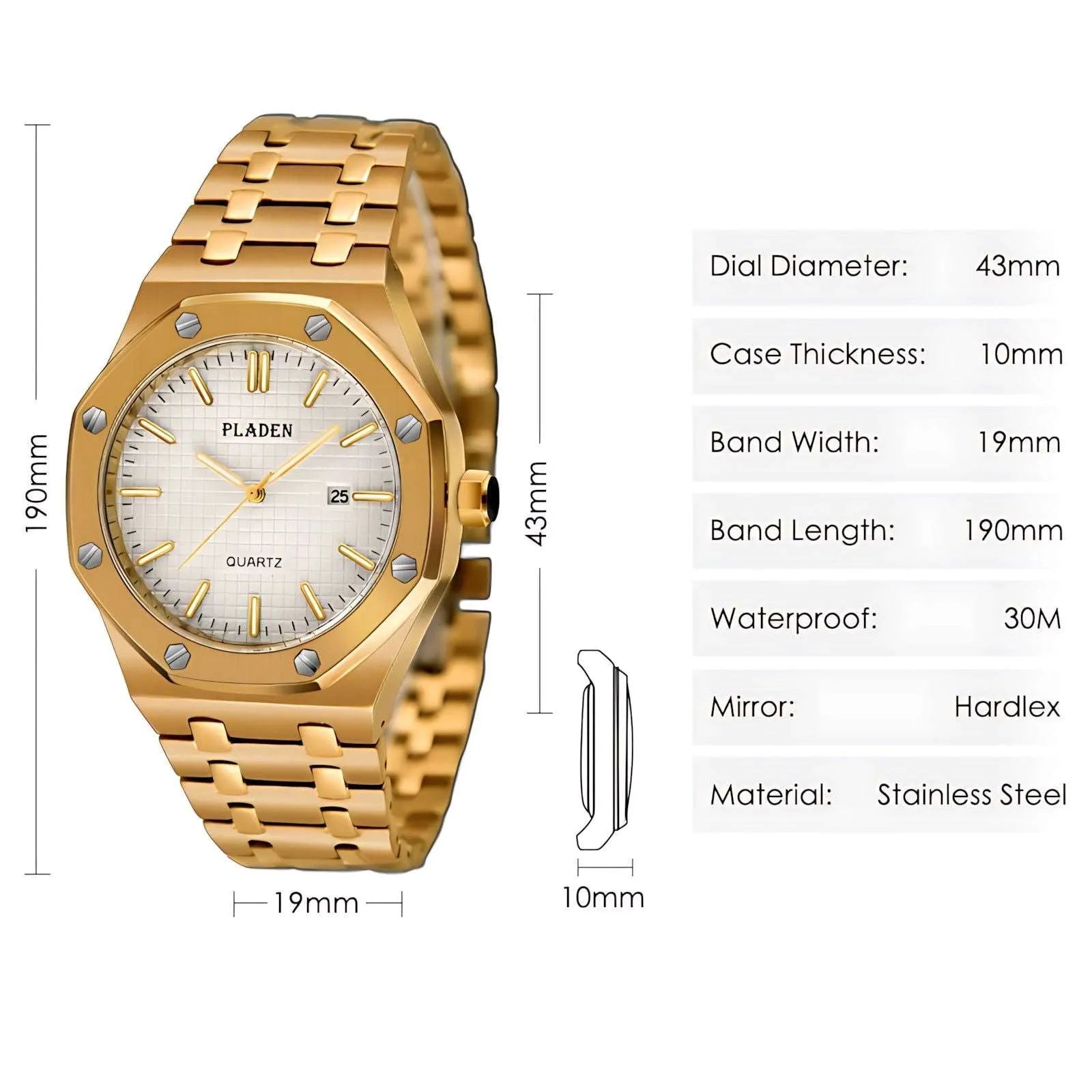 Pladen 43mm Quartz Integrated Stainless Steel Watch – Hardlex Crystal, Calendar Display-Pladen-Viva Timepiece