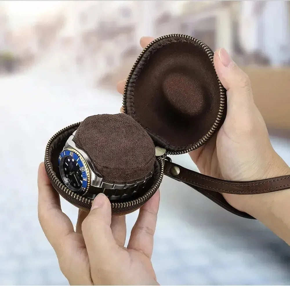 Retro Leather Single Slot Donut Watch Case Travel Pouch-VivaPort-Viva Timepiece