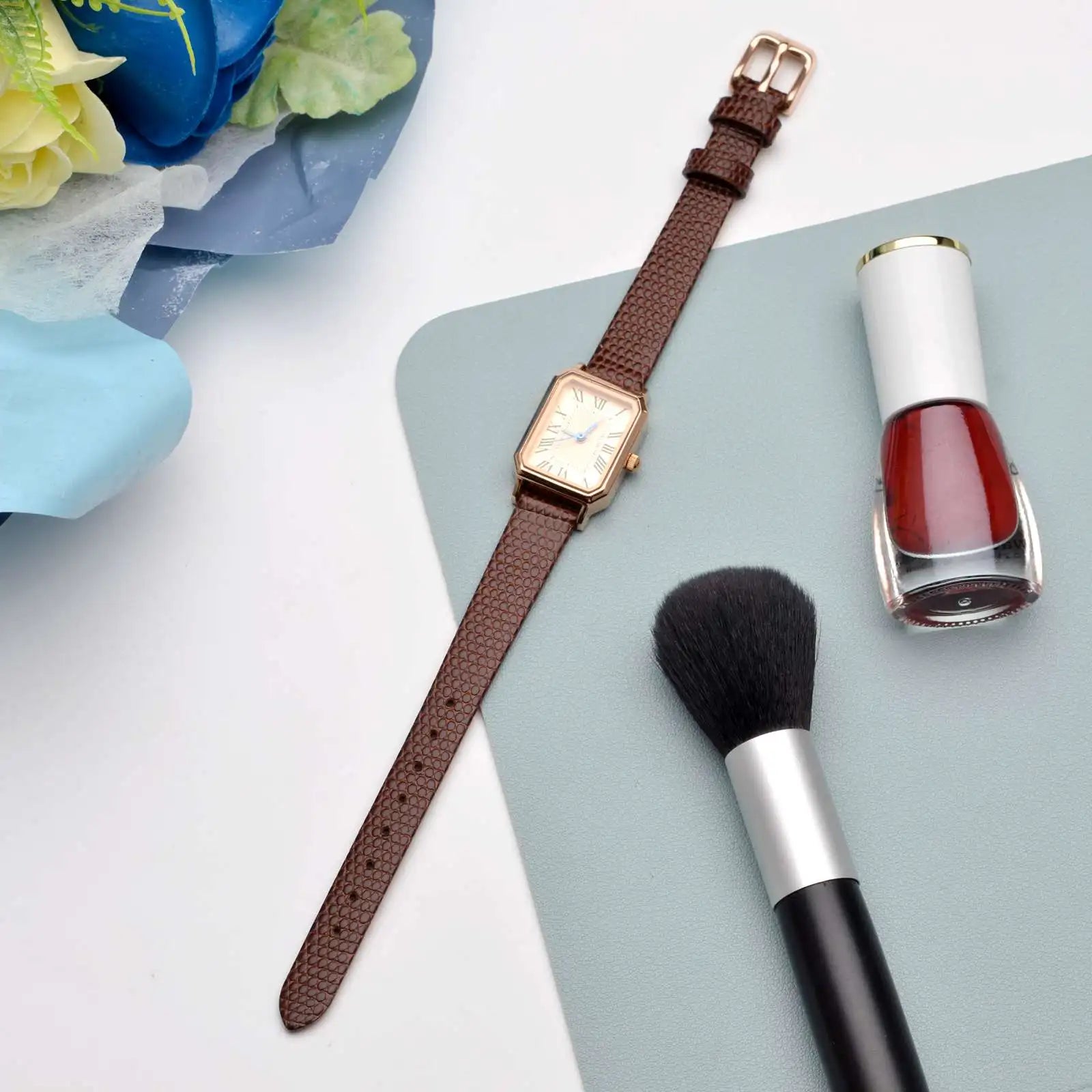 Slim Lizard Grain Leather Watch Strap for Women 10mm–20mm – Thin Cowhide Band with Gold Buckle