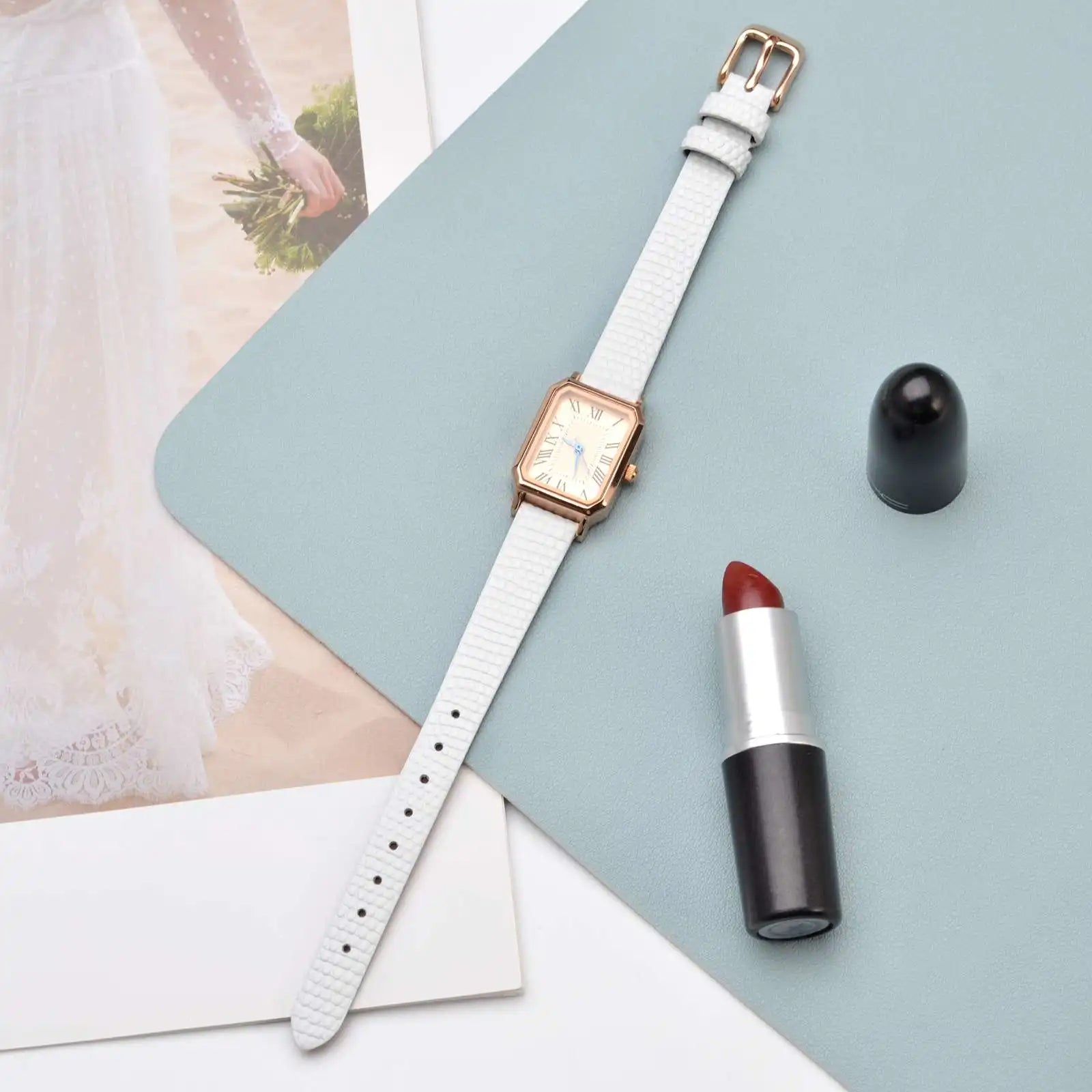 Slim Lizard Grain Leather Watch Strap for Women 10mm–20mm – Thin Cowhide Band with Gold Buckle