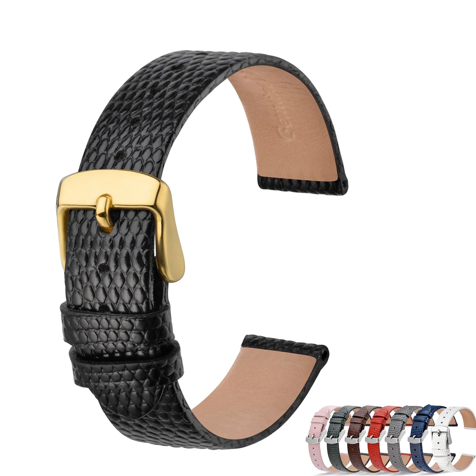Slim Lizard Grain Leather Watch Strap for Women 10mm–20mm – Thin Cowhide Band with Gold Buckle
