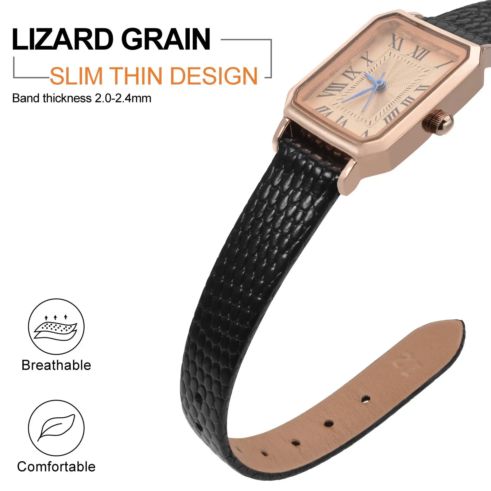 Slim Lizard Grain Leather Watch Strap for Women 10mm–20mm – Thin Cowhide Band with Gold Buckle