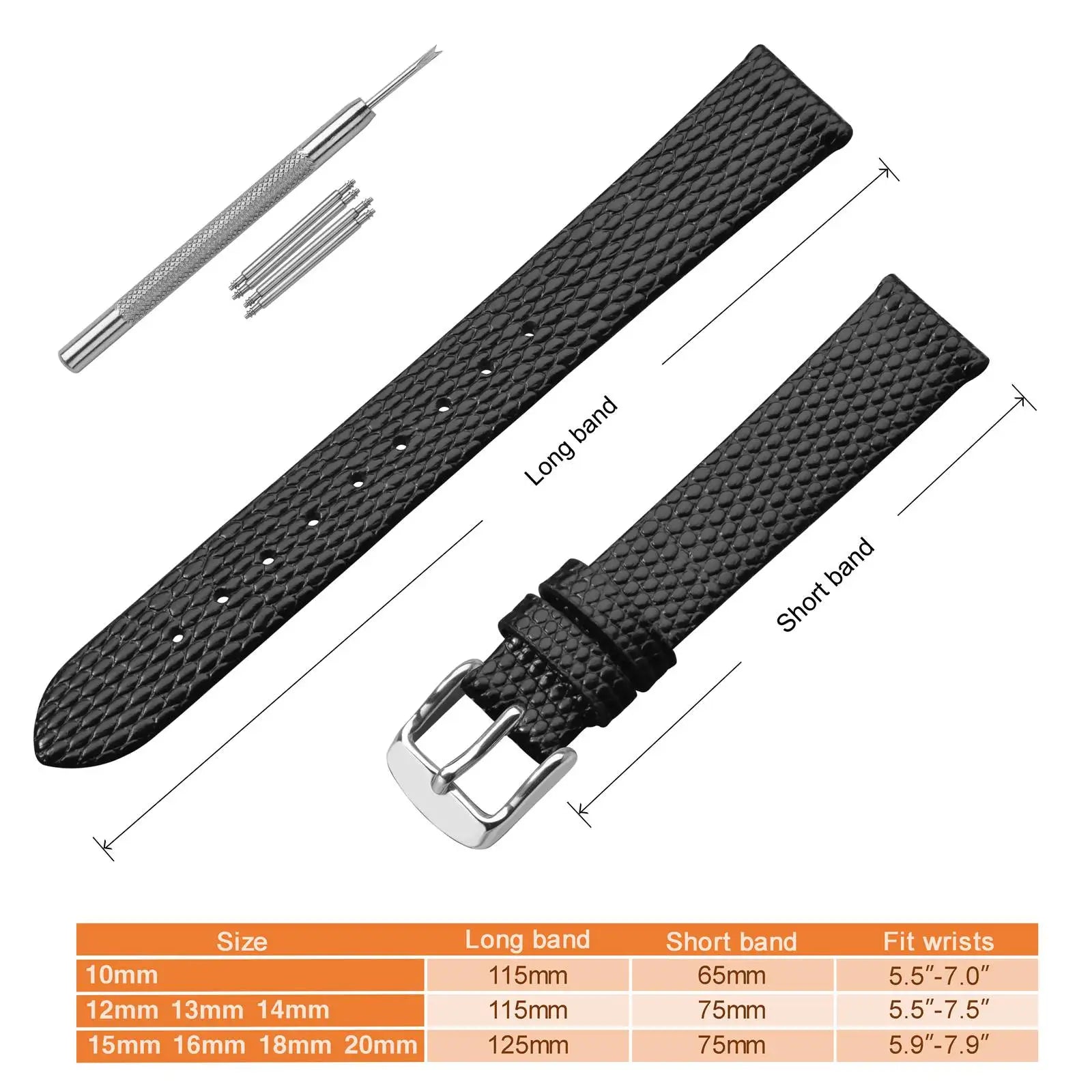 Slim Lizard Grain Leather Watch Strap for Women 10mm–20mm – Thin Cowhide Band with Gold Buckle