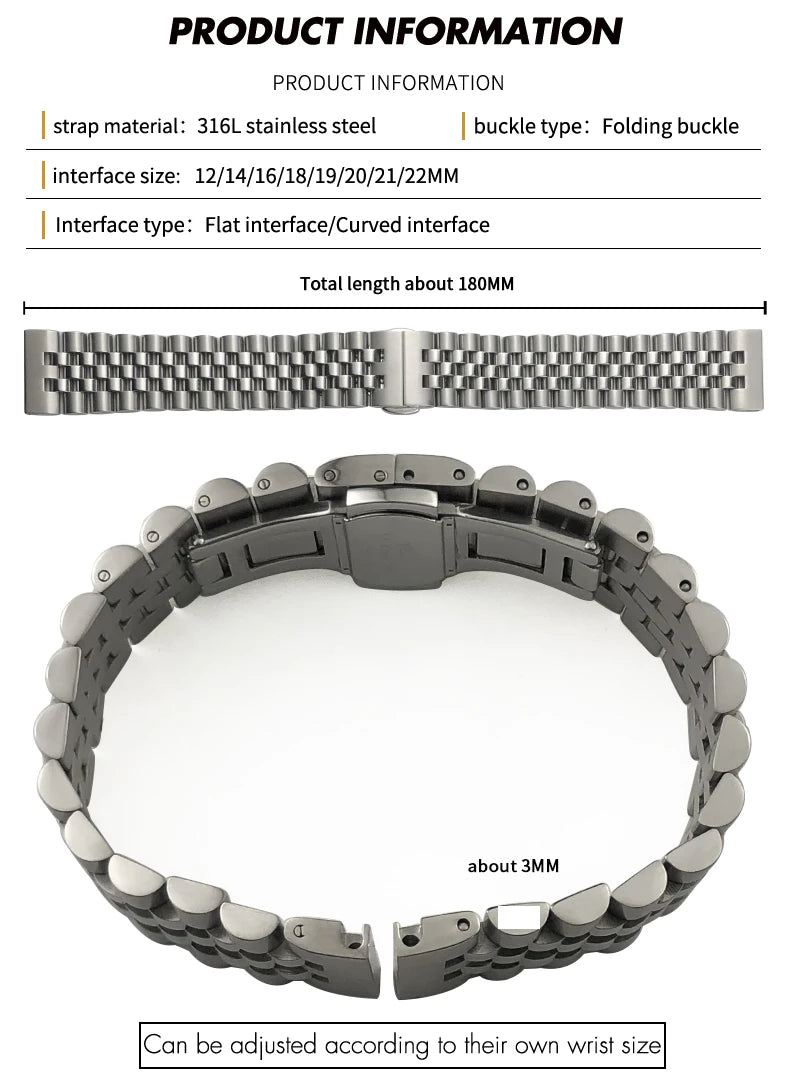 Stainless Steel Jubilee Bracelet 12mm–22mm – Straight / Curved End-ChronoCraft-Viva Timepiece