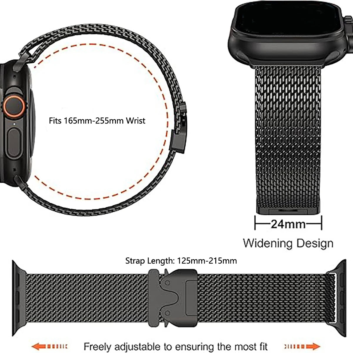 Titanium Milanese Mesh Band Compatible with Apple Watch 49mm – Parachute Buckle-Apple Watch Accessories-ModuLoop-Black-44 45 46 49MM-Viva Timepiece