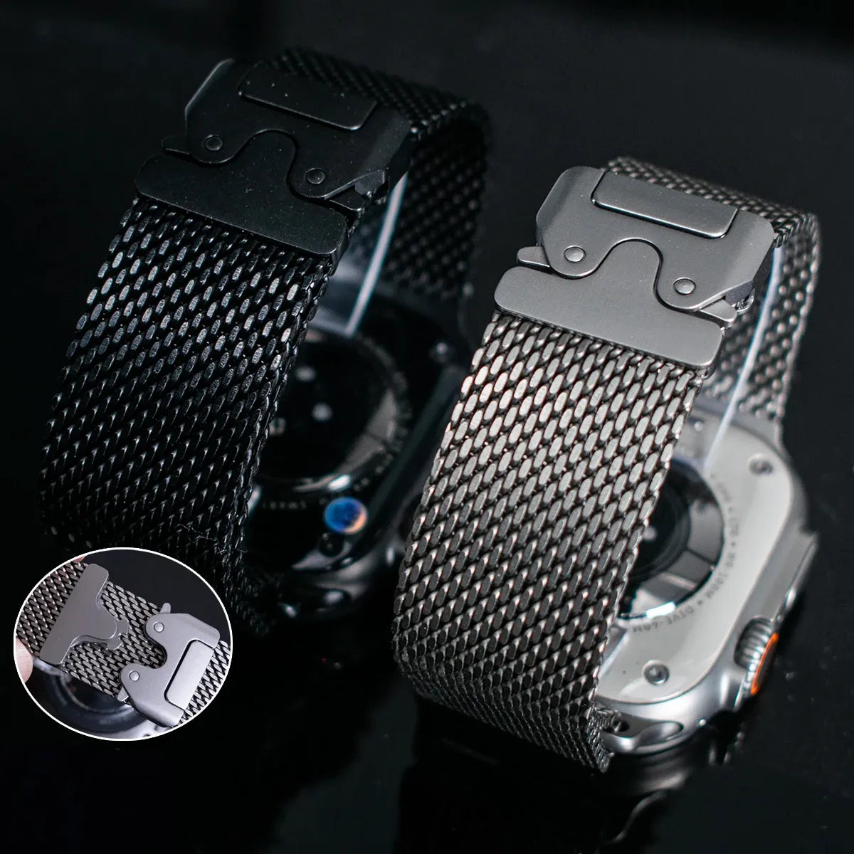 Titanium Milanese Mesh Band Compatible with Apple Watch 49mm – Parachute Buckle-Apple Watch Accessories-ModuLoop-Black-44 45 46 49MM-Viva Timepiece