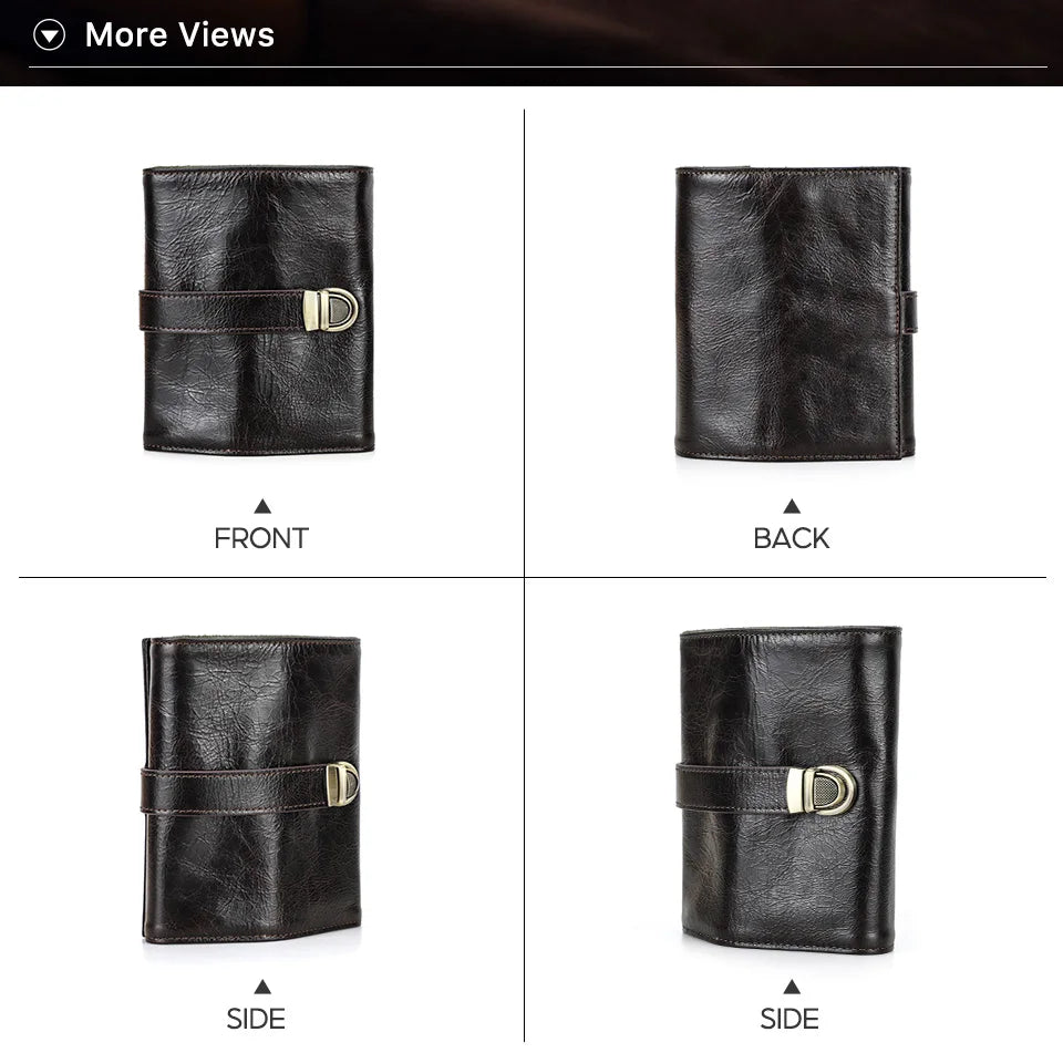 Vintage brown leather 4-slot watch roll travel case with buckle strap closure and soft interior.