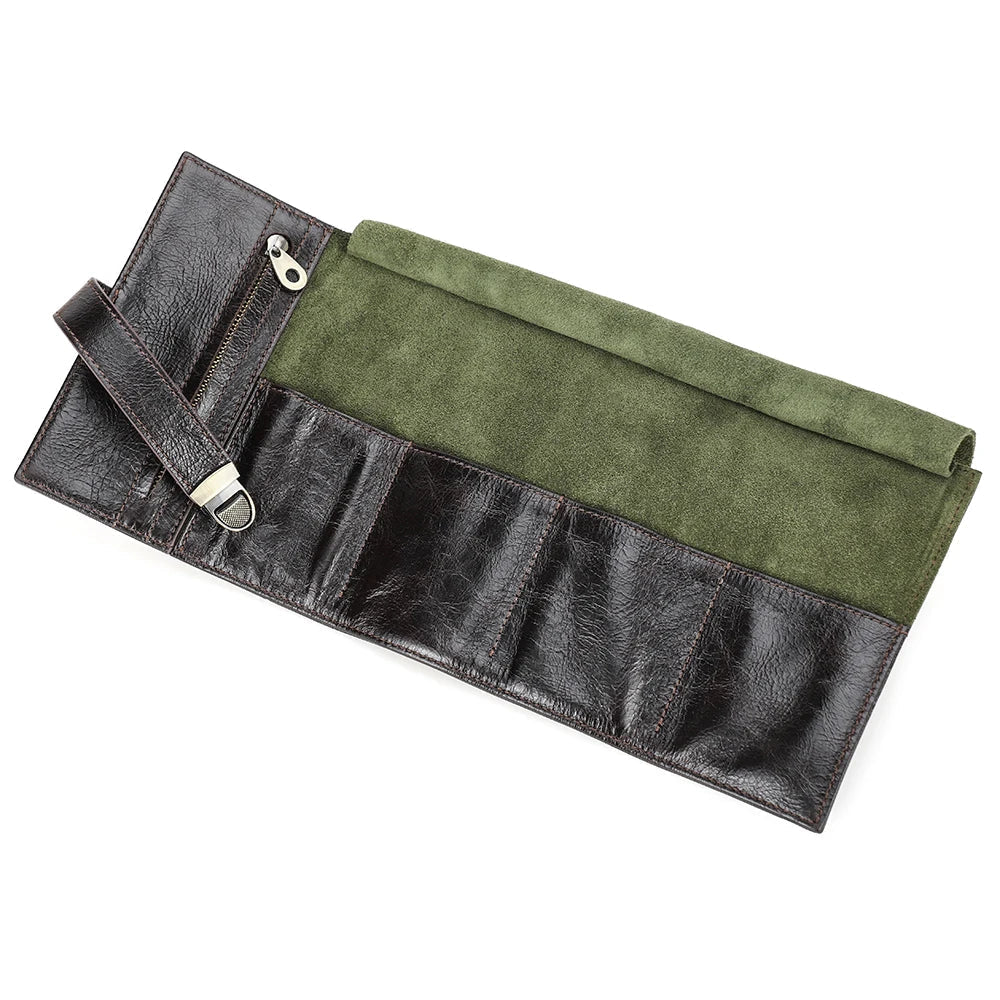 Coffee vintage leather 4-slot watch roll travel case with buckle strap, soft interior, and accessory pocket.