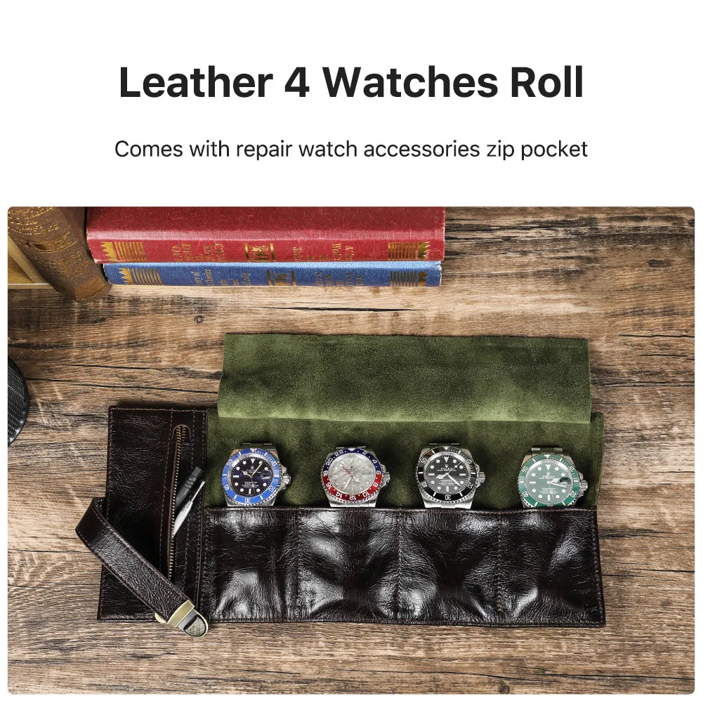Vintage brown leather watch roll travel case, open to display four watch slots with a suede-style interior.