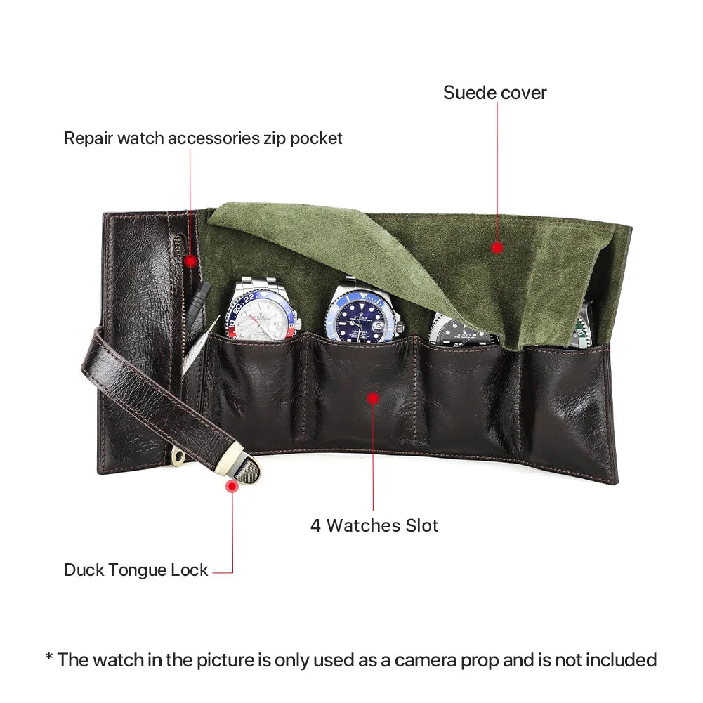 Vintage brown leather watch roll travel case, open to display four individual suede-lined compartments for watches.