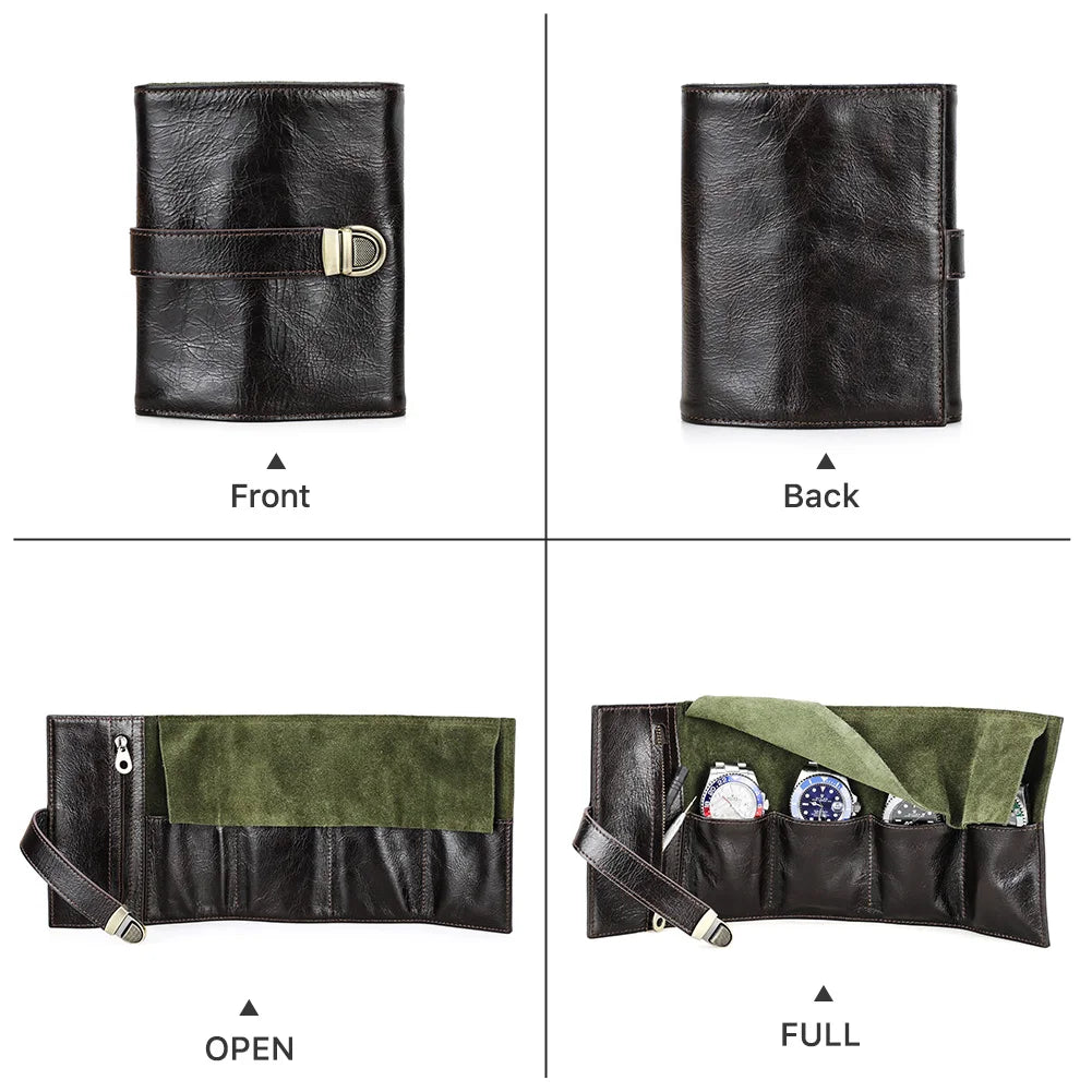 Brown vintage leather 4-slot watch roll travel case with buckle strap closure, open to reveal soft interior.
