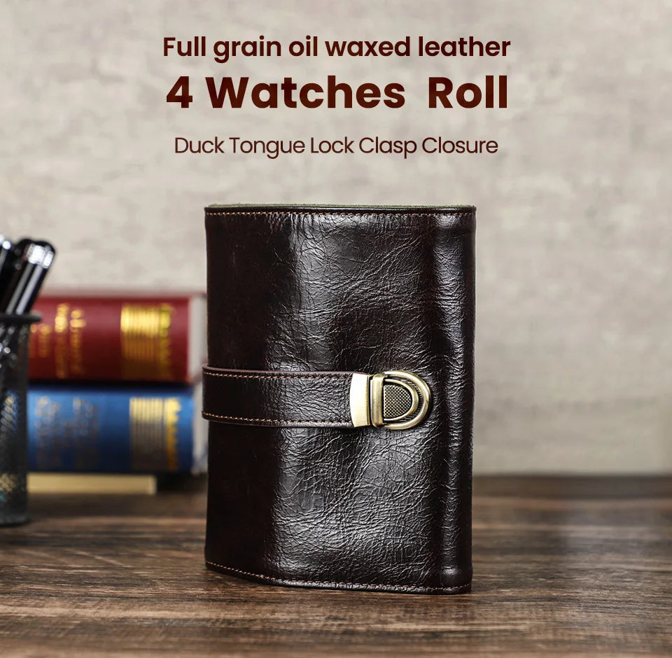Vintage brown leather watch roll travel case, open to display four watch slots and an accessory pocket.